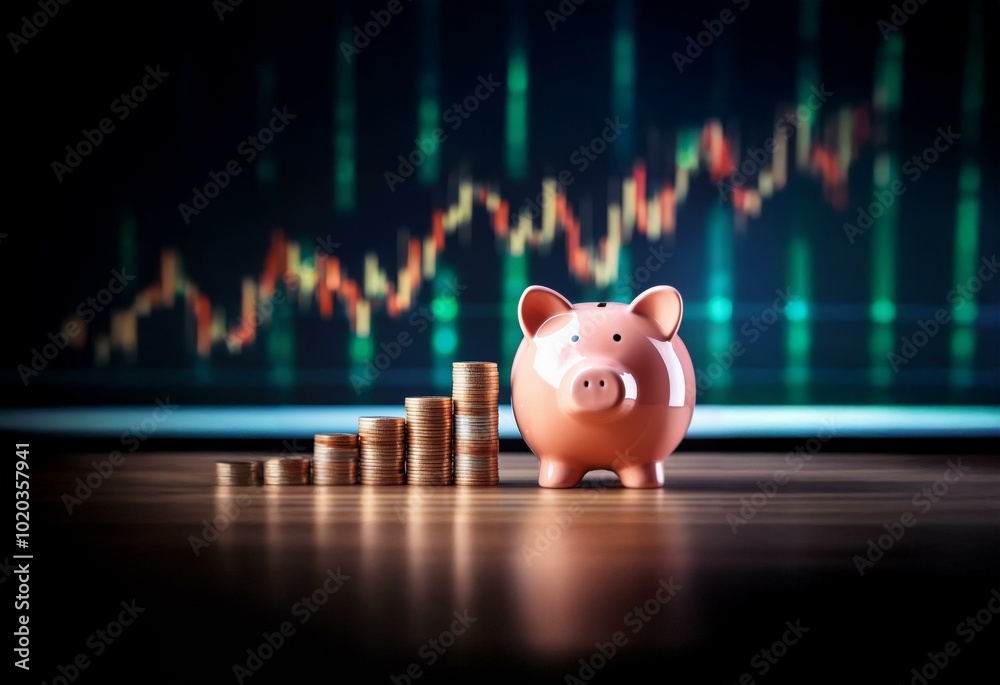 Aufkleber piggy bank and stacks of coins on a wooden surface with a blurred background of stock market data.
