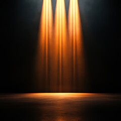 Obraz premium A dramatic scene with three golden light beams illuminating an empty stage, creating an inviting atmosphere, Ideal for projects related to performances, events, or artistic showcases,