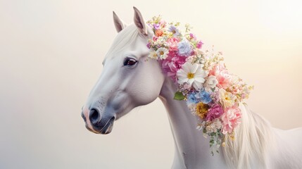 Fototapeta premium A white horse adorned with a colorful floral crown against a soft background.