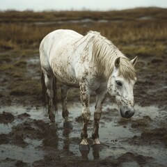 Obraz premium A muddy white horse stands in a wet, marshy landscape.