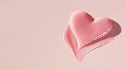 Cosmetic smear creamy texture, heart shape scrub sample on pink background. Body or face cream skincare cosmetic product smudge swatch