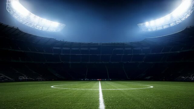 Illuminated football stadium under bright lights with an empty field, creating a dramatic and atmospheric scene.