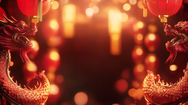 Vibrant scene with dragons and lanterns, ideal for celebrating cultural festivals and traditions, embodying festive spirit.