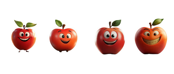 Set of cute apple cartoon characters on white background.
