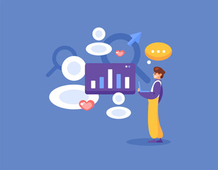 concept of customer insight. analysis and conducting research on user habits and preferences on social media. illustration of a social media specialist looking at insight data. flat style design