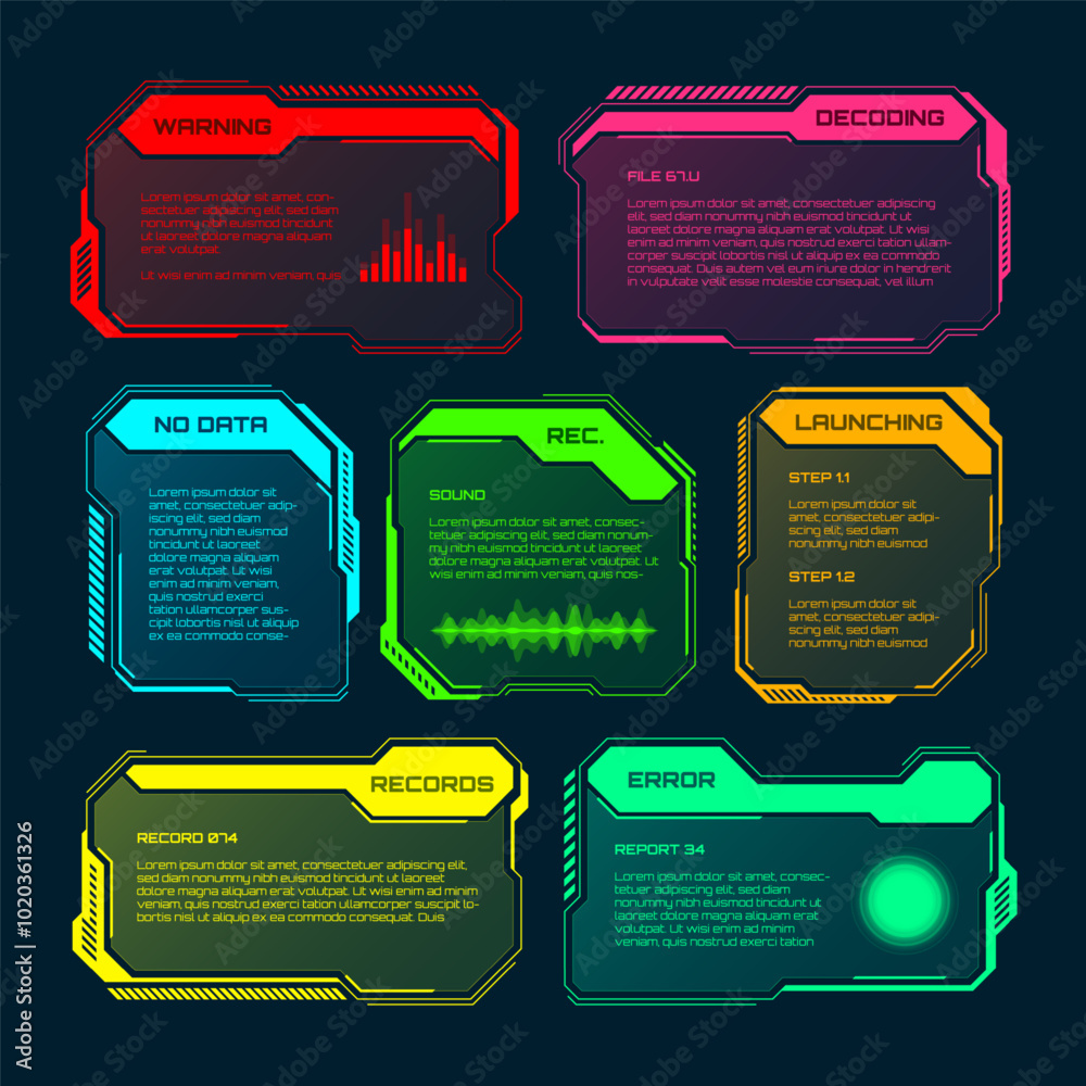 Poster Futuristic HUD or UI elements. Sci-fi user interface text boxes, callouts. Colorful warning message frame, information boxes template. Modern game interface layout, digital style. Vector illustration