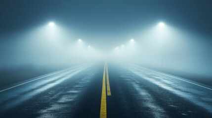 A Foggy Night Road with Streetlights
