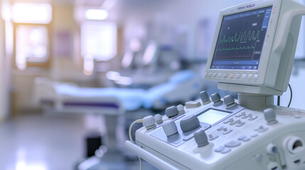 Ultrasound machine in hospital ward, modern medical equipment for patient diagnostics, healthcare and cardiology technology, focus on device screen with vital signs
