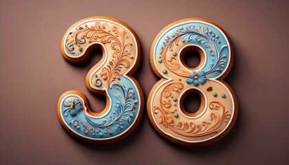 Obraz premium Decorated cookie, number 38, illustration for birthday or anniversary celebration
