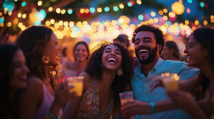 A joyful celebration with a diverse group of friends dancing and laughing at a lively outdoor festival