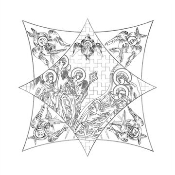 recommend clip art: Eye of Providence. Cross dome with 4 apostles, angels and seraphim. Coloring page in Byzantine style