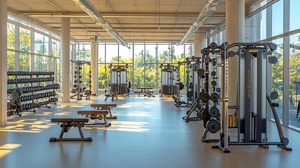 Spacious empty gym interior, open view of free weight area with benches, strength machines neatly arranged, and designated training zones, natural light streaming through large windows,