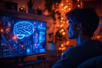 Digital brain with glowing lights representing AI and futuristic technology concepts