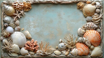 Obraz premium Seashells and Coral Arranged on a Blue Background