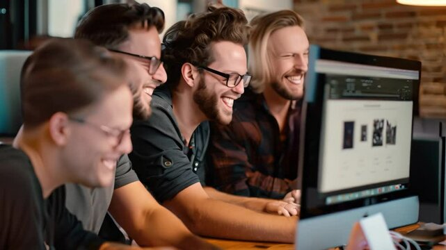 Four people work together on a design project, faces filled with excitement as they concentrate on the computer screen, Capture the excitement and energy of a team working together on a project