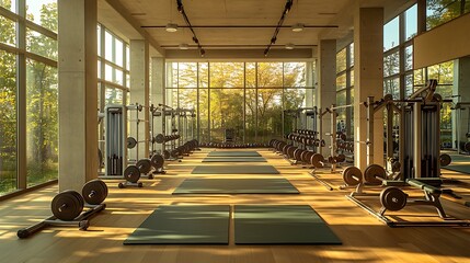 Spacious gym interior with rows of weightlifting equipment neatly arranged, yoga mats placed on the open floor, natural light streaming through large windows, clean and organized layout,