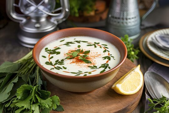 A bowl of Azerbaijani dovga yoghurt soup with herbs