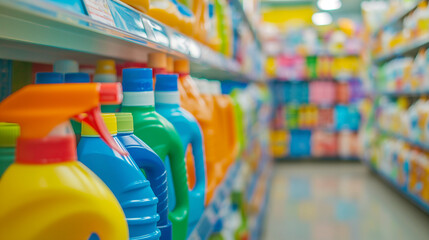 Obraz premium Shelves filled with colorful cleaning supplies in a supermarket aisle. Bright and vibrant packaging, perfect for household cleaning products and home care essentials.