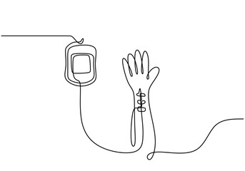 Obraz premium Hand Infusion in Continuous Line Drawing. Minimalist healthcare concept showing an infused hand.