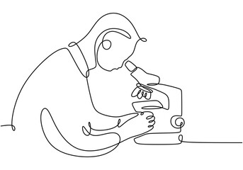 Scientist Observing with Microscope Line Art. Continuous line drawing for healthcare and research themes.