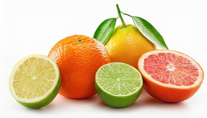 Citrus Fruits Green Lime, Lemon, Orange, Grapefruit, and Tangerine Isolated on White
