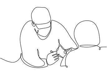 Doctor injecting vaccine continuous line drawing. Minimalist healthcare concept illustration.