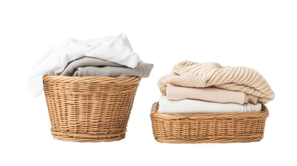 Laundry basket, cleaning clothes, cleaning housework, clean clothes and wicker basket with clean laundry on transparent background.