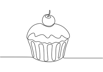 Cupcake continuous line drawing. Minimalist dessert concept isolated on white background.