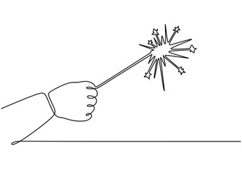 Hand holding fireworks in continuous line drawing. Party-themed illustration on a white background.