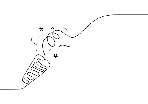 Party popper in continuous line drawing. Celebration-themed illustration on a white background.