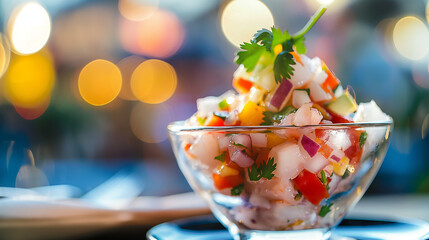 Fresh seafood ceviche with shrimp, lime, red onion, and cilantro served in a glass bowl. Colorful and refreshing dish, perfect for enjoying on a warm evening by the sea.