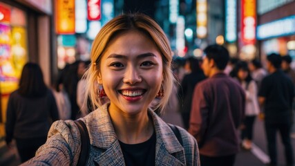 A female tourist exploring bustling city streets, capturing the energy and excitement of urban life with towering buildings and lively atmosphere