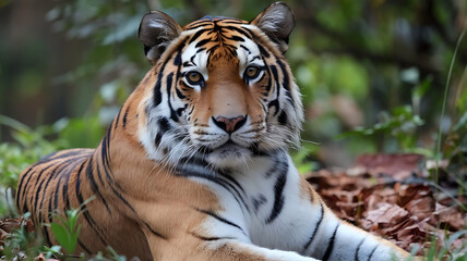 Malayan tiger laying in the forest, showcasing its beautiful orange fur and black stripes, endangered, wildlife
