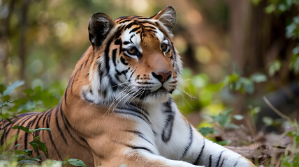 Fototapeta premium Malayan tiger laying in the forest, showcasing its beautiful orange fur and black stripes, endangered, wildlife 