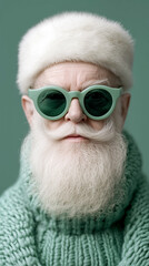 Obraz premium Portrait of a whimsical Santa Claus wearing a white fur hat and sunglasses on a green background. 