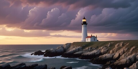 Fototapeta premium A lighthouse standing on a rocky cliff against a dramatic cloudy sky at sunset
