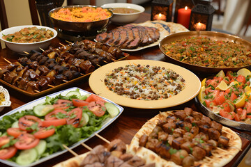 Fototapeta premium Elegant Arabian Ramadan Iftar feast featuring a beautiful spread of traditional dishes with dates and hearty meals