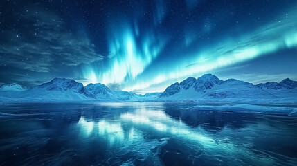 Fototapeta premium Aurora Borealis on the Lofoten Islands, Norway: A stunning scene of the aurora borealis over the Lofoten Islands, with the northern lights casting a magical glow over the winter landscape.