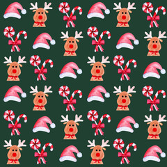 Watercolor seamless pattern with Christmas, New Year elements on a colored background. Santa's hats, sweets, deer. Hand-drawn watercolor illustration.