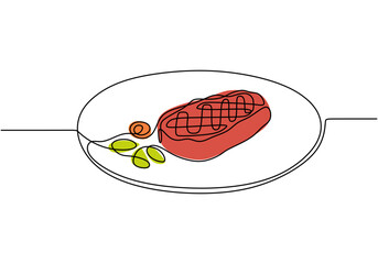 Continuous one line drawing of steak on a plate. Illustration for food concept.