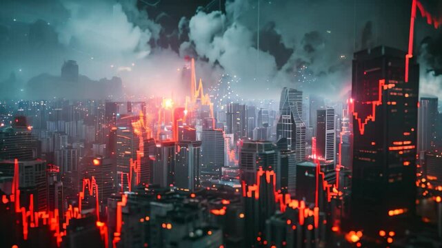 Night cityscape, dark clouds cover sky, red stock market graphs fall, unease grows, Capture the uncertainty and fear brought on by an economic downturn
