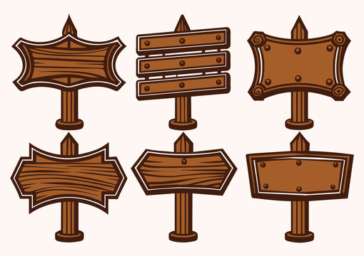 A collection of rustic wooden signposts vectors, perfect for outdoor themed designs, maps, and directional graphics.