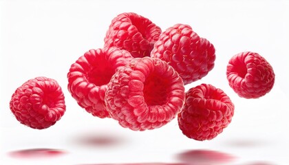Fresh Ripe Raspberries Flying in the Air: Isolated on White Background