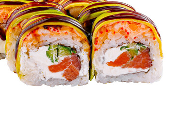 Vibrant sushi rolls isolated on white background