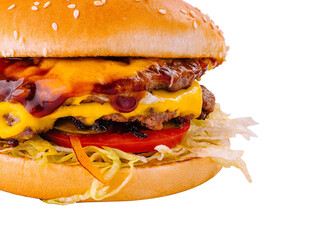 Juicy double cheeseburger on white background