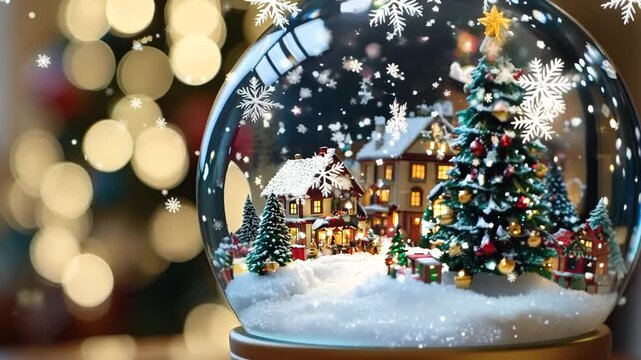 A snow globe with a Christmas tree and a house in the background
