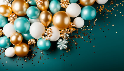 Vista desde arriba de fondo para cumpleaños fiesta y celebración con globos azules, dorados blancos y tonos azul pastel con confeti y lazos de regalo.