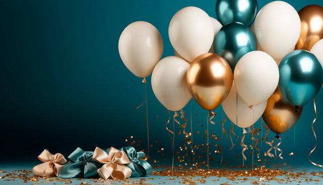 Fondo para cumplea&ntilde;os fiesta y celebraci&oacute;n con globos azules, dorados blancos y tonos azul pastel con confeti y lazos de regalo.