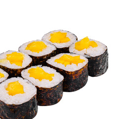 Sushi rolls with mango and cream cheese standing in a row on white background