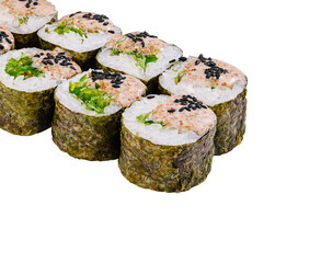 Delicious sushi rolls with sauce and sesame seeds on white background